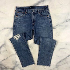 GAP Girlfriend Jeans Size 2/26 Tapered Distressed Raw Hem Indigo Destroy 512197